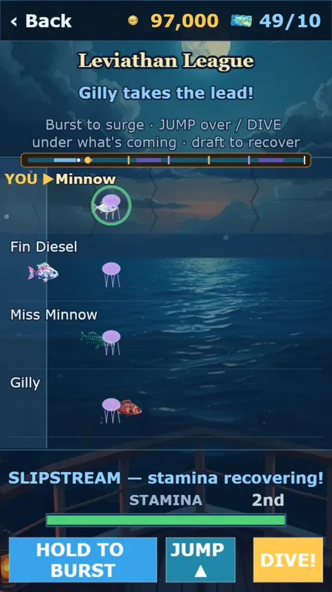 A moonlit fish race — diving under a jellyfish bloom in the Leviathan League